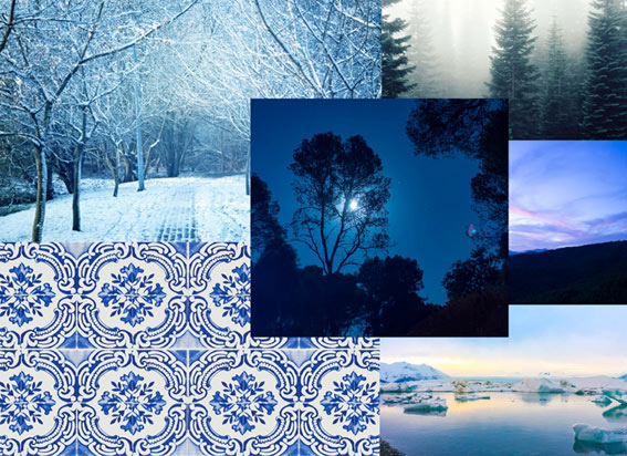 Le froid : du carrelage bleu, la nuit, la lune, un paysage neigeux, un glacier